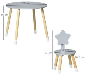 HOMCOM Conjunto de Mesa e 2 Cadeiras de Madeira para Crianças com Mesa Redonda Ø59x50cm e Cadeiras Ø28x51 Mobiliário Infantil para Sala de Jogos Quarto Cinza e Madeira