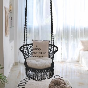 Cadeira Baloiço Jardim com Cordas  de Algodão de Assento Perfeito para Pátio Casa Jardim Preto