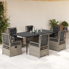 7 pcs conj. jantar p/ jardim c/ almofadões vime PE cinza-claro