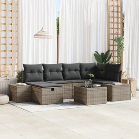 Conjunto de Sofás de Jardim de 7 Peças com Almofadas Cinza Rattan PE