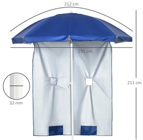 Chapéu de Sol de Praia com Painel Lateral Manivela Manual Teto Inclinável 2 Bolsos e 2 Janelas Ø191x211 cm Azul