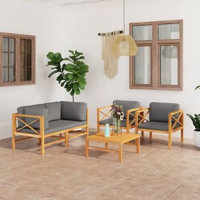 vidaXL 5 pcs conj. lounge de jardim + almofadões cinzentos teca maciça