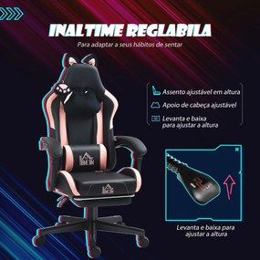 Cadeira Gaming com Orelhas Cadeira Gamer Reclinável com Altura Ajustável e Suporte Lombar 65x62x116-124 cm Preto e Rosa