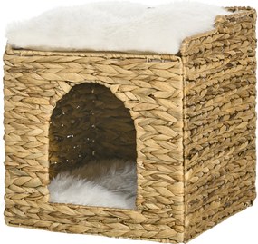 Compartimento aberto para gatos de 2 andares com 2 almofadas em jacinto-d'água - 37,5 x 37,5 x 41,5 cm castanho-creme