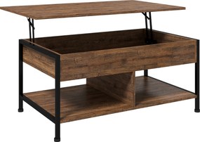 Mesa de centro  100 x 80 x 60 cm elevável com compartimento oculto, 2 prateleiras inferiores,, castanho rústico e preto