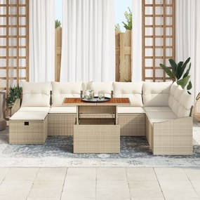 Conjunto de Sofá de Jardim de 9 Peças com Almofadas Bege em Polirattan