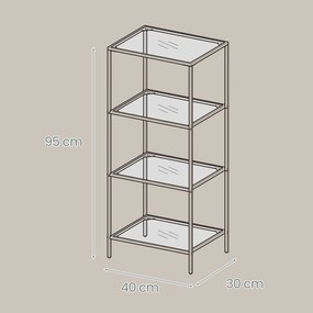 Estante de 4 níveis multifuncional em metal e vidro temperado 30 x 40 x 95 cm preto