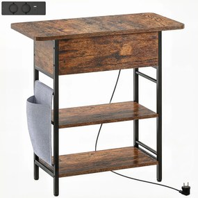 HOMCOM Mesa de apoio lateral com estação de carga e bolsa de arrumação, 60 x 29,8 x 58,5 cm, castanho rústico | Aosom Portugal