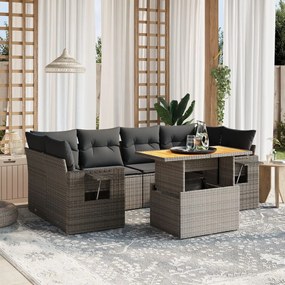 7 pcs conjunto sofás p/ jardim c/ almofadões vime PE cinzento