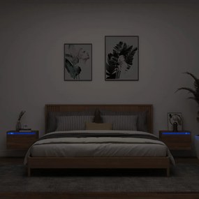Mesas cabeceira de parede c/ luzes LED 2 pcs carvalho castanho