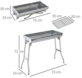 Outsunny Barbecue Portátil e Dobrável de Aço Inoxidável com Grelha Barbecue a Carvão com Ventilação para Jardim Picnic Camping 73x33x71 cm Prata