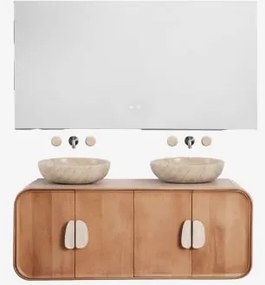 Conjunto De Móvel De Casa De Banho Dupla Suspensa 130x45 Cm Em Madeira De Manga E Pedra Natural Kivalina Retangular Led E Anti-embaciamento 140x75 Cm