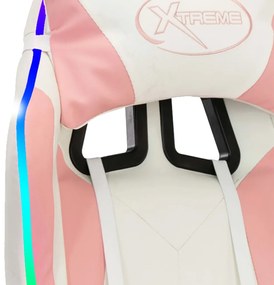Cadeira estilo corrida c/ luzes LED RGB couro arti. rosa/branco