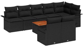 Conjunto de Sofá de Jardim com 9 peças e almofadas em rattan preto.