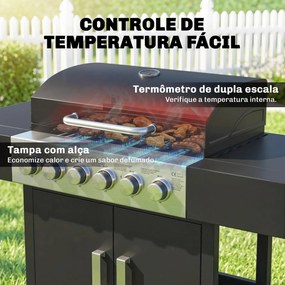 Grelhador a Gás Barbeceu com 6 Queimadores 15 kW Termómetro 2 Prateleiras Laterais eArmário 135x51x101 cm Preto