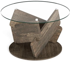 Mesa de centro redonda de 35" com tampo de vidro temperado e base de madeira maciça - preta