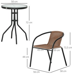 Conjunto de 3 Peças de Vime para Jardim com 2 Cadeiras Empilháveis e 1