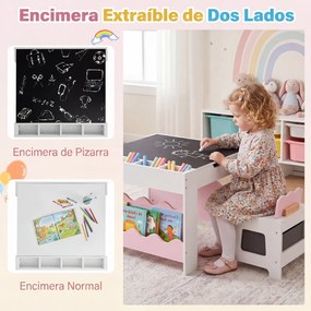 Conjunto de Mesa e 2 Cadeiras Infantis, 66 x 64 x 48 cm, Tabuleiro Reversível, Rosa