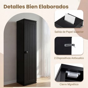 Armário de Casa de Banho, 17 x 16 x 69 cm, Estreito com Porta e Abertura para Papel Higiénico, Preto