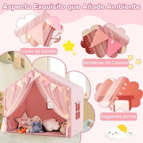 Tenda infantil com 2 cortinas de tecido e rede, luzes de estrelas, 2 janelas respiráveis e almofada de algodão rosa