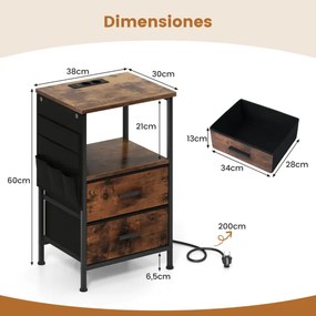 Conjunto de 2 mesas de cabeceira, mesas apoio com carregador USB e Luz LED, com 2 gavetas dobráveis, 38 x 30 x 60 cm, castanho