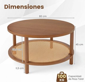 Mesa de Centro Redonda, 80 x 80 x 45 cm, Arrumação em Dois Níveis, Castanho