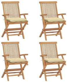 vidaXL Cadeiras de jardim c/ almofadões branco nata 4 pcs teca maciça