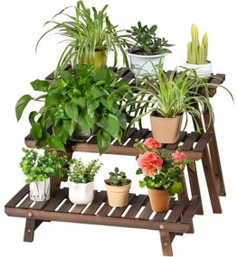 Suporte para plantas de madeira, 3 peças em qualquer combinação Escada para flores carbonizada para interior e exterior Castanho