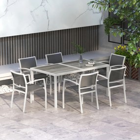 Conjunto de Mesa de Jantar de Jardim de 7 Peças com 1 Mesa e 6 Cadeiras Empilháveis Estilo Moderno Branco e Cinza