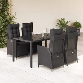 5 pcs conjunto de jantar p/ jardim c/ almofadões vime PE preto