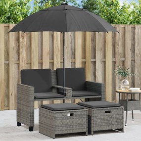 vidaXL Sofá de jardim 2 lugares com guarda-sol bancos vime PE cinzento