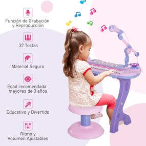 Órgão Electrónico Piano Infantil com Microfone Banquinho Luzes e 22 Ca