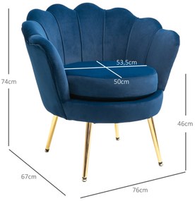 Poltrona Estofada em Veludo Poltrona para Quarto com Encosto em Forma de Concha e Pernas Douradas 76x67x74 cm Azul