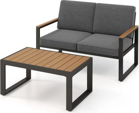 Conjunto de móveis de jardim em alumínio com Sofá seccional estofado cinzento e com mesa de centro almofadas cinzentas