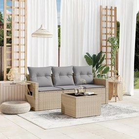 4 pcs conjunto de sofás para jardim c/ almofadões vime PE bege