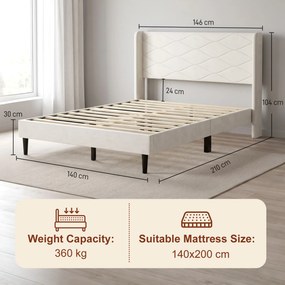 Cama Estofada 140x200 cm  (COLCHÃO NÃO INCLUIDO)  com Cabeceira Acolchoada com Abas em Veludo, Ripas de Madeira, Montagem Fácil, Bege