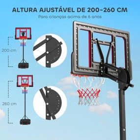 Cesto de Basquetebol para Crianças com Altura Ajustável de 200 a 260 cm com Saco de Pesos Vermelho e Preto