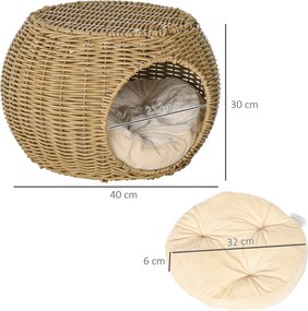 Cama para gatos com 2 níveis, em resina trançada com aspeto de vime, com 1 almofada macia Ø 40 x 30 cm, castanho claro