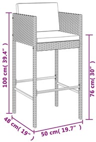 5 pcs conjunto de bar para jardim c/ almofadões vime PE cinza