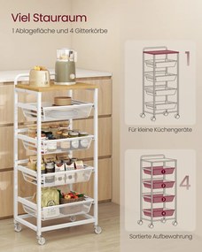 Carrinho de cozinha 31,7 x 40 x 95 cm com vários níveis e cestos extraíveis carvalho dourado-branco 