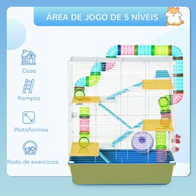 Gaiola para Hámster Grande 59x36x69 cm com 4 Plataformas Tubos Comedouro Bebedouro 4 Rampas Roda de Exercícios Multicor
