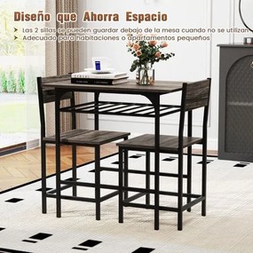 Conjunto de mesa de jantar com 2 cadeiras com prateleira aberta, estrutura metálica cinzento