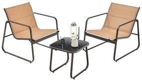 Conjunto de mesa e cadeiras de metal para área externa com tampo respirável e tampo de vidro Castanho