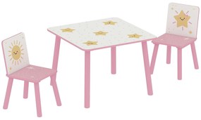 Mesa e Cadeiras para Crianças de 3 Peças Mesa Infantil com 2 Cadeiras em Madeira com Desenhos de Estrelas e Sol Rosa