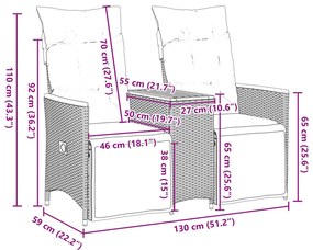 Sofá de jardim reclinável 2 lugares com mesa vime PE preto