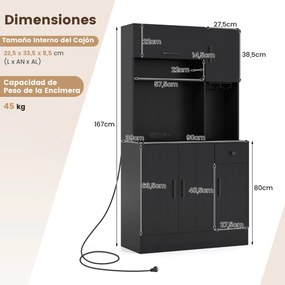 Armário despensa cozinha com 90 x 39 x 167 cm com tomadas elétricas com suporte para copos, gaveta e prateleiras ajustáveis preto
