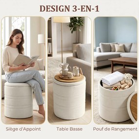Pufe com espaço de arrumação em chenille e tampa Ø 36,5 x 46,5H cm, banco redondo para a sala e o quarto, bege