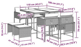 9 pcs conjunto de jantar p/ jardim c/ almofadões vime PE cinza