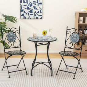 Conjunto Bistro Mesa redonda e 2 cadeiras dobráveis com padrão de mosaico Estrutura metálica robusta para utilização no interior e no exterior Cinzent