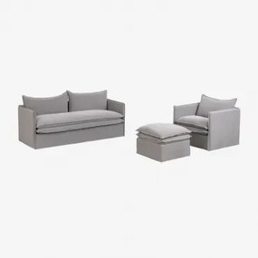 Conjunto De Sala De Estar Com Sofá De 3 Lugares, Poltrona E Pufe Em Linho E Algodão Grace Tecido Cinzento Escuro - Sklum